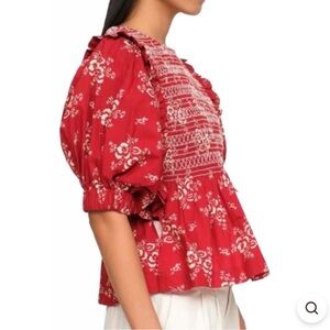Sea New York Alessia puff sleeve smocked top in red floral print size small